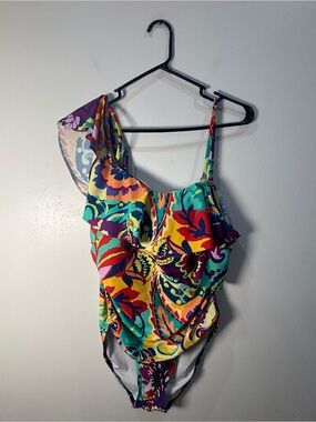 Tahari One Piece Swimsuit XL Tropical Floral Hawaiian Coastal Resort Swimwear